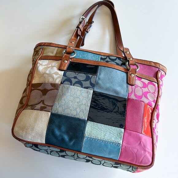 Vintage Y2K Coach Patchwork Pink Blue Leather Signature Print Shoulder Tote Bag - Picture 9 of 12